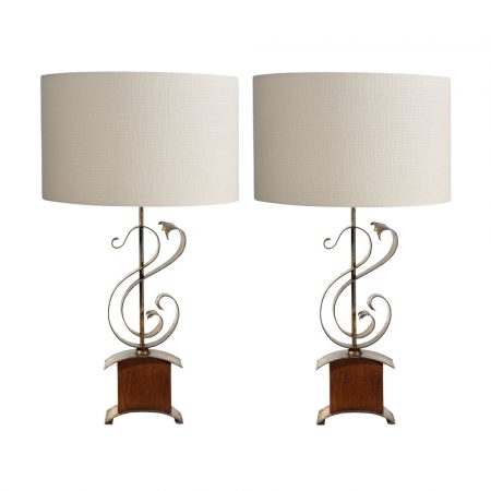 Pair of 1940s Sculptural Walnut and Metal Lamps
