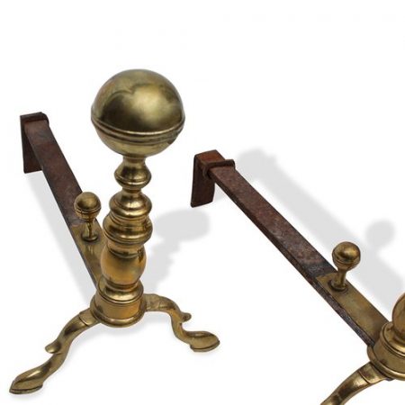 Pair of Federal Brass Andirons with Cabriole Legs & Vintage Solid Brass Fireplace Set (8pcs)