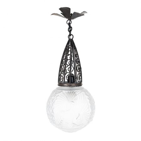 French Art Deco/ Nouveau Pendant Light with Etched Glass and Wrought Iron Fixture