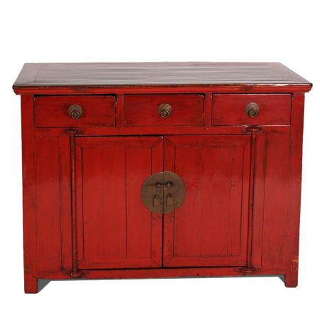 Antique Chinese Ming Dynasty Style Lacquered Console Cabinet with Two Doors and Three Drawers