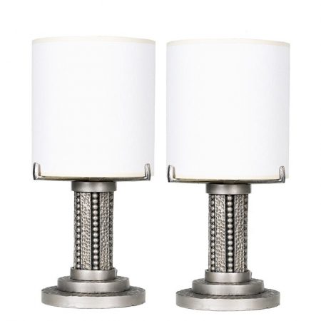 Pair of Petite French Art Deco Hammered Silver Table Lamps C1940s