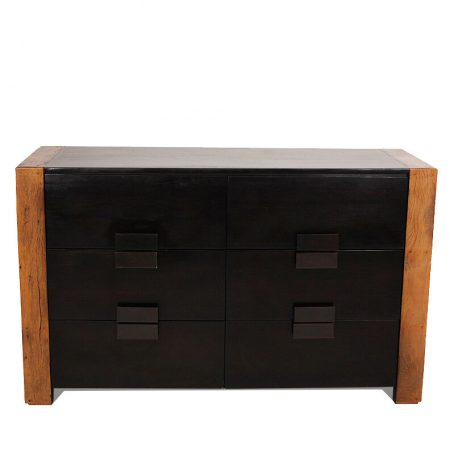 Two-tone Six Drawer Dresser with Walnut Legs and Contemporary Heavy Brass Pulls