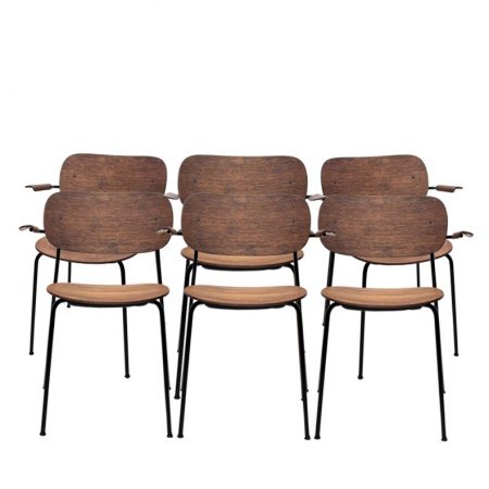 Set of Six Non-Upholstered Co Chairs with Arms in Dark Stained Oak from Menu Design