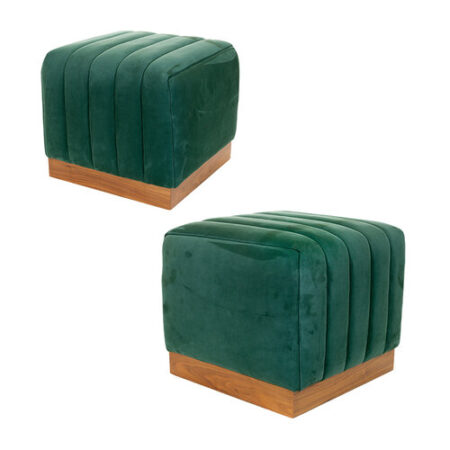 Pair of Modern KLASP Home Nubuck Leather Upholstered Ottomans with Walnut Base - Brand New