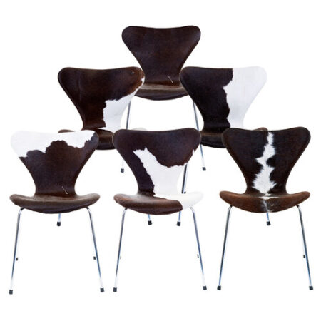 Set of Six Model 3107 by Arne Jacobsen and Fritz Hansen Mid Century Cowhide Dining Chairs-New Upolstery