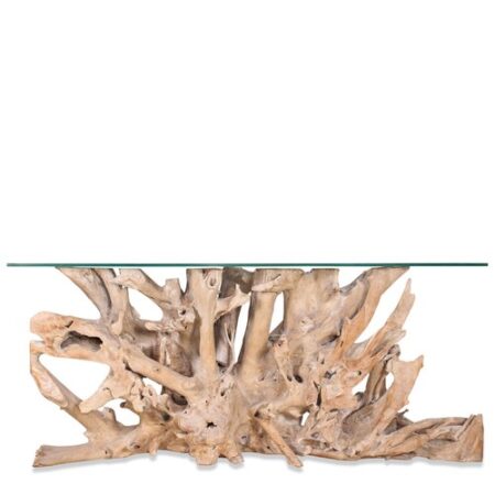 Modern Solid Natural Teak Root Freeform Console Table with Glass Top