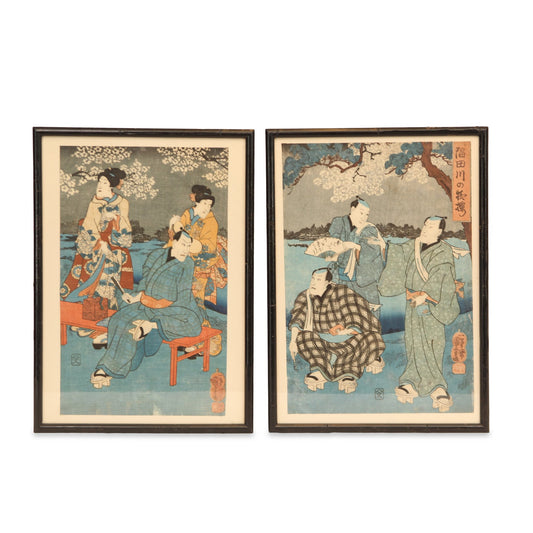 Antique Kuniyoshi Japanese Woodblock Print Diptych