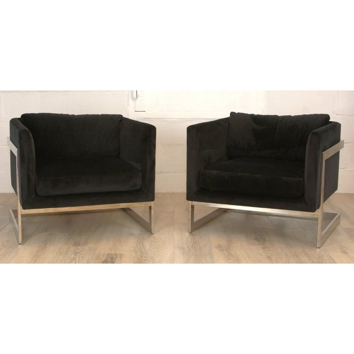 Pair of Milo Baughman Mirror Polished Nickel Cube Chairs by Thayer Coggins